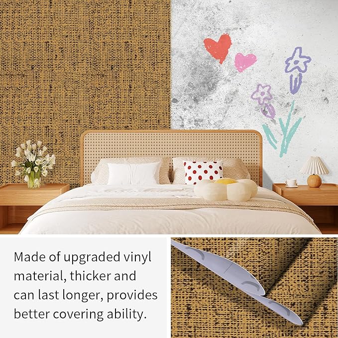 15.75"x590.6" Brown Wallpaper Peel and Stick Removable Grasscloth Textured Wall Paper Self Adhesive Cabinets Drawers Bookshelves Vintage Contact Paper Thickened Waterproof Faux Linen Vinyl Roll