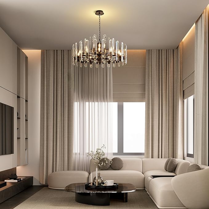 36" Luxury Black Crystal Chandelier, 16-Light Round Modern Chandelier for Dining Room, Adjustable Chain Chandelier Pendant Light Fixture for Living Room, Bedroom, Kitchen Island, Foyer, Entryway