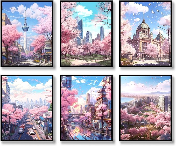Luodroduo Japanese Wall Art Set of 6 Japan Rural Architecture Abstract Scenery Illustration Wall Decor Countryside Streets Canvas Art Poster for Living Room Bedroom Wall Art (E, 8"x10" UNFRAMED)