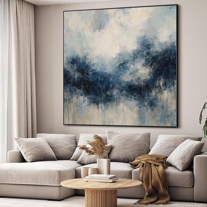 60"x60" XL Framed Wall Art - Blue Abstract Landscape Modern (Frame Assembly Required)