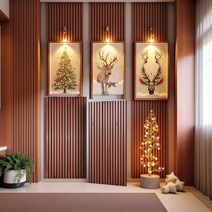 NAVREX 2 Solid Wood Slat Acoustic Panels for Wall and Ceiling - 3D Fluted Sound Absorbing Panel in Walnut Finish, Soundproof Wall Panels for Home Theater, Office & Bedroom Decoration with Flame Retardant Sound-absorbing Cotton (47.2 * 23.6in)