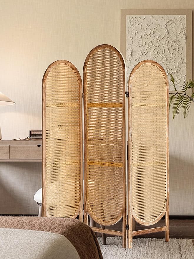 3 Panel Room Dividers and Folding Privacy Screens, Wooden Room Divider with Bi-Directional Hinge, Pre-Assembled Hand-Made Rattan Privacy Dividers for Balcony, Bedroom, Hotel Decorations