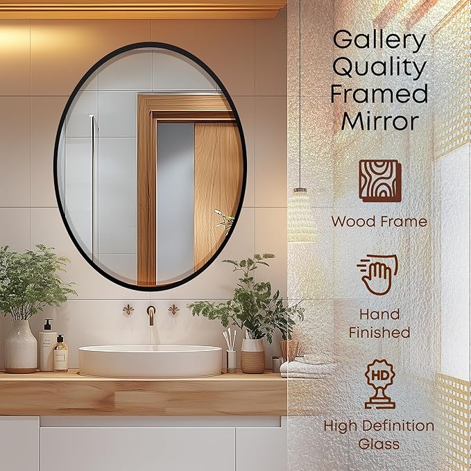 OVALCREST - Oval Wooden Beveled Wall Mirror for Home Decor, Bathroom, Vanity, Bedroom, Living Room, Hallway - London Style (Matte Black) 25.1 x 19.1