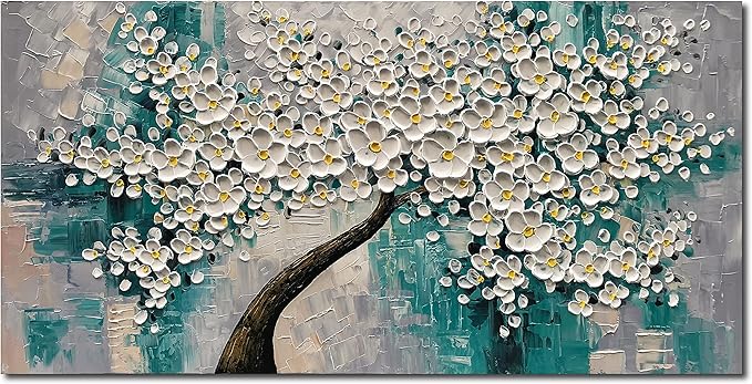 3D Abstract Art Oil Painting White Flower Tree Painting Textured Palette Knife White Flower Painting Modern Canvas Wall Art Home Decoration Home Painting (24x48 inches)