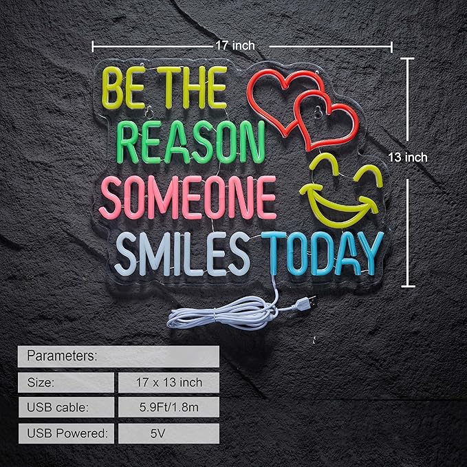 Be The Reason Someone Smiles Today Neon Sign for Wall Décor Motivational Neon Light USB Powered LED Dimmable Inspirational Sign with Classroom Office Bedroom Living Room Decor