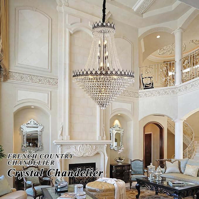 KoKo&Yukina 32" French Empire Crystals Chandelier 26 Light Black Crystal Chandeliers Modern Black Crystal Chandelier Round Large High Ceiling Sloped Hanging Light Fixtures for Hallway Staircase