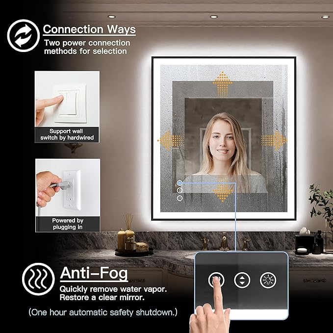 LED Bathroom Mirror 36x30 with Backlit and Front Lighted, Framed Dimmable Illuminated Mirror for Wall Anti-Fog Shatterproof (Horizontal/Vertical)
