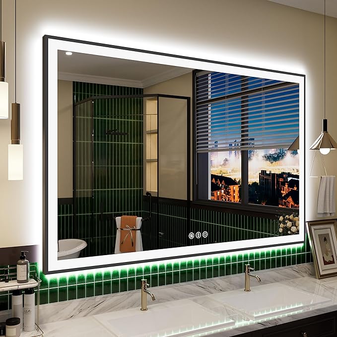55x36 Large Light Bathroom Mirror - Backlit and Front Lighted LED Wall-Mounted Vanity Mirror Modern Rectangle Black Mirror, Dimmable, Anti-Fog, Memory, Shatterproof, ETL Listed (Horizontal/Vertical)