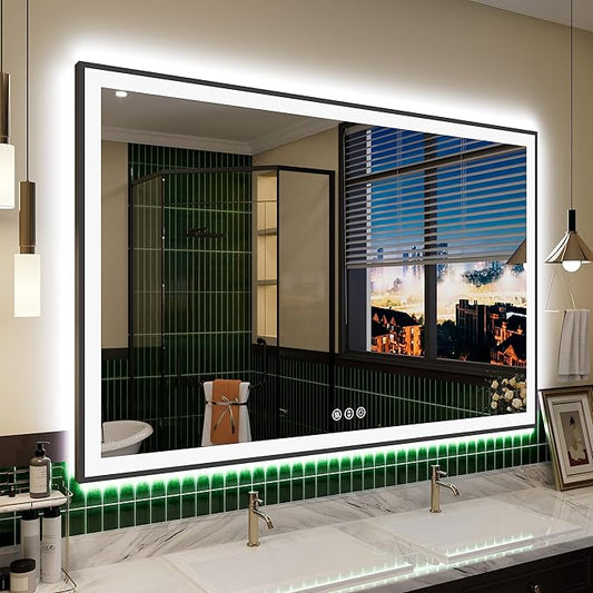 55x36 Large Light Bathroom Mirror - Backlit and Front Lighted LED Wall-Mounted Vanity Mirror Modern Rectangle Black Mirror, Dimmable, Anti-Fog, Memory, Shatterproof, ETL Listed (Horizontal/Vertical)