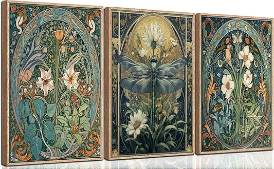 3Pcs Floral Dragonfly Canvas Wall Art Dark Flower Green Plant Decor painting Pictures Vintage White Lily Daisy Posters Prints for Living room Bathroom Bedroom Office Hallway Home Decoration Unframed