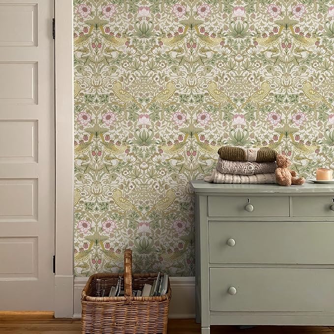 17.7x394 in White Peel and Stick Wallpaper Floral Wallpaper Flower/Strawberry/Bird Wallpaper Self Adhesive Contact Paper Removable Wall Paper for Living Room Dining Room Kitchen Decor