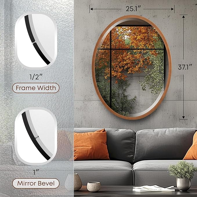 OVALCREST - Oval Wooden Beveled Wall Mirror for Home Decor, Bathroom, Vanity, Bedroom, Living Room, Hallway - London Style (Sunset Gold) 37.1 x 25.1
