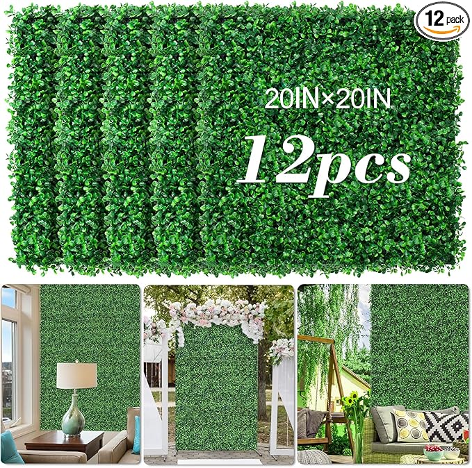 AOKIE 20"X20" Artificial Grass Wall, 12Pcs Boxwood Hedge Wall Panels UV-Anti Grass Backdrop Wall Decor, Greenery Privacy Hedge Screen for Indoor Outdoor Patio Balcony, Party Garden Fence Decor