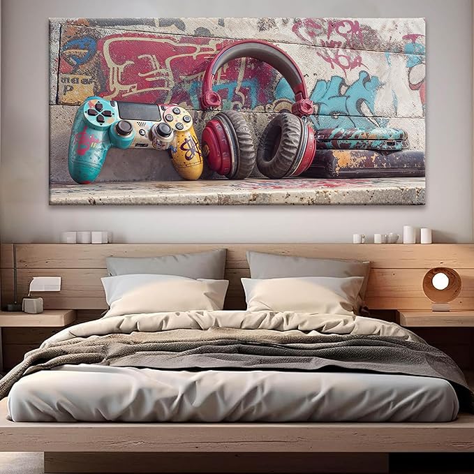 Large Game Wall Art Graffiti Gamepad Earphone Canvas Art Wall Decor Print Pictures For Bedroom Cool Video Gaming Poster Print Painting Room Decor For Boys Playroom Home Wall Decor Artwork 29"X 58"