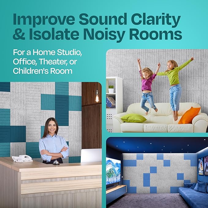 Acoustic Panels 12-Pack Soundproof Wall Panels 12"x12"x0.4" Decorative Sound Dampening for Your Home, Office, Studio, Bedroom & More with Unique LineWave Carving [Smoky White]