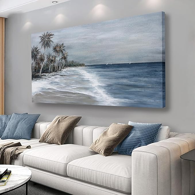 Coastal Wall Art Blue Gray Beach Wall Decor Landscape Abstract Canvas Painting Modern Ocean Artwork Framed for Living Room Bedroom Bathroom Office Decor 48"x24"Can Be Hung Directly