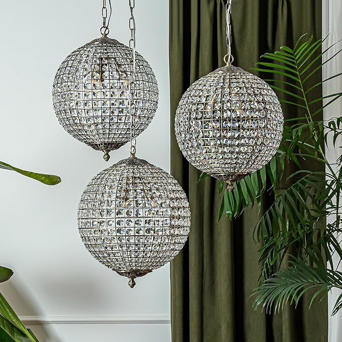 ALOADECOR 3-Light 16" Retro Antique Gold Crystal Globe Chandelier Sphere Cage-Style Shade Pendant Light for Kitchen Isl and Dining Room