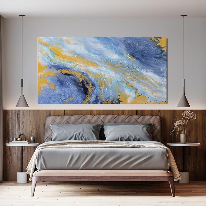 Canvas Wall Art Decor Large Blue Gold Wall Art Prints Modern Abstract Wall Art for Living Room Abstract Canvas Art Wall Decor Large Artwork for Walls Decorations Bedroom Office Decor 29" X 58"