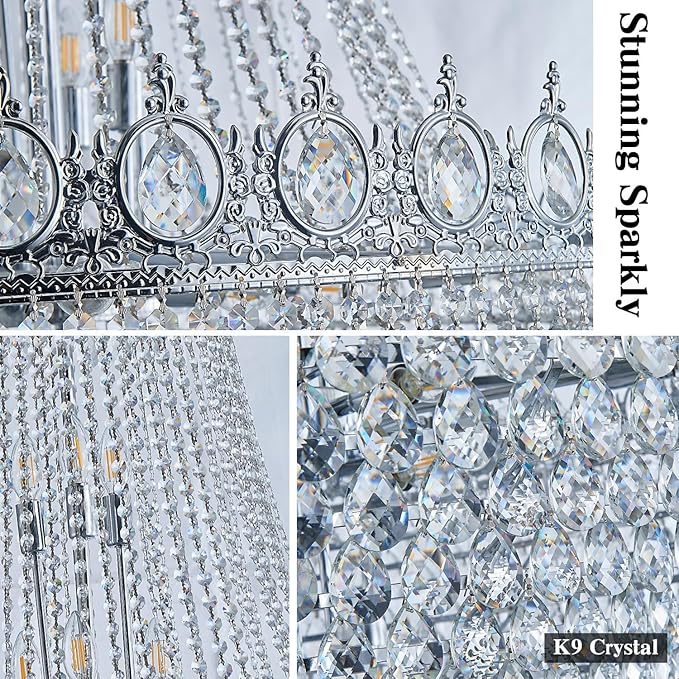 KoKo&Yukina 32" Modern Brushed Nickel Crystal Chandelier - French Empire Round Large High Ceiling Sloped Hanging for Hallway Staircase