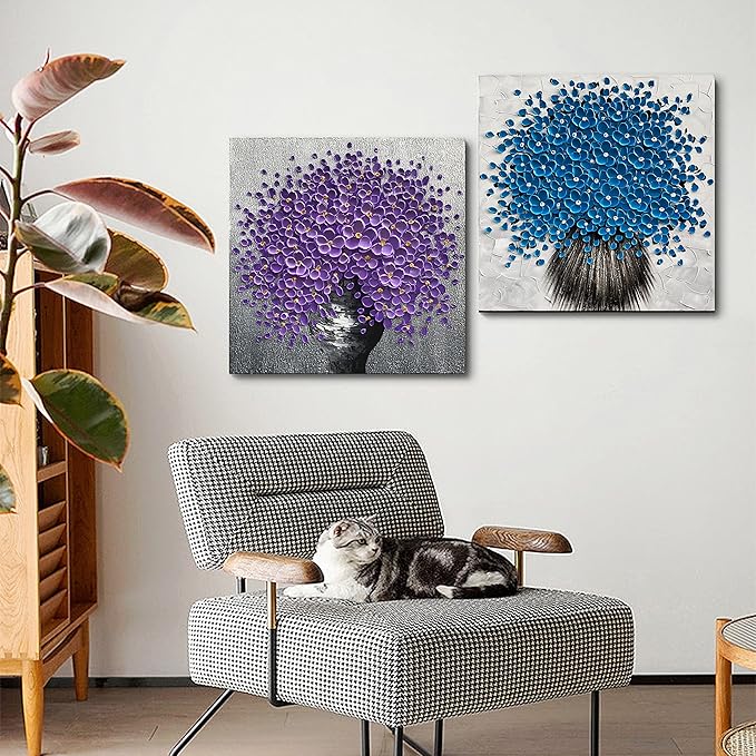 24x24 Hand-Painted Purple Flowers 3D Abstract Decorative Paintings, Wall Decorative Frame Wall Art, Modern Art Living Room Bedroom Office Hotel and Restaurant Wall Art