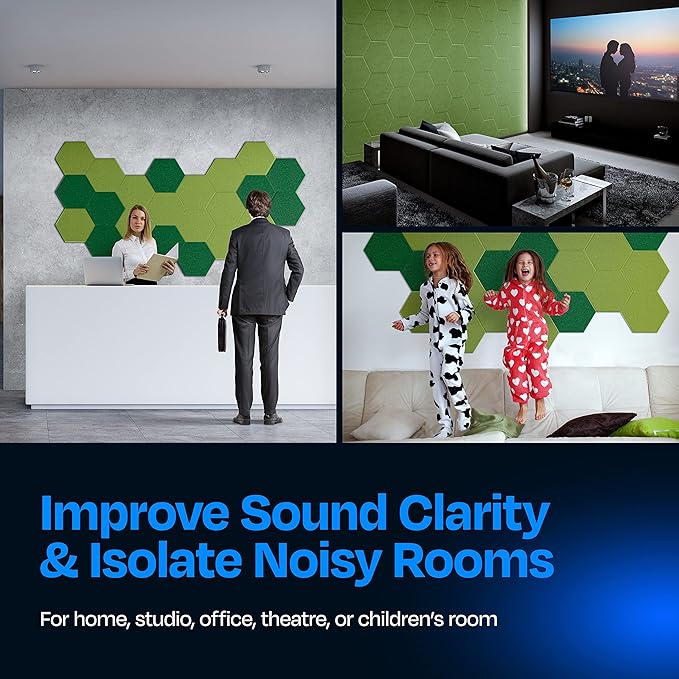 Acoustic Panels - 12-Pack Soundproof Wall Panels, 14"X12.1"X0.4", High Density Sound Dampening - Gin Green Hexagon