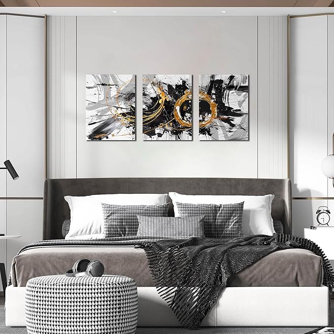 CIRABKY Black, White and Gold Abstract Painting - 3 Piece Canvas Wall Art for Living Room and Office - Size 12" x 16"