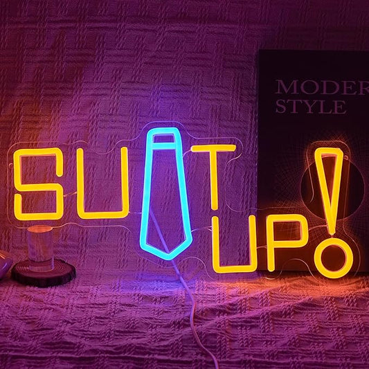 Suit up Neon Sign USB Powered Motivational Word Neon Light Sign Dimmable Fashion Man Tie LED Light Sign for Clothing Store Suit Shop Dressing Room Cloakroom Office Man Cave Party Wall Decor