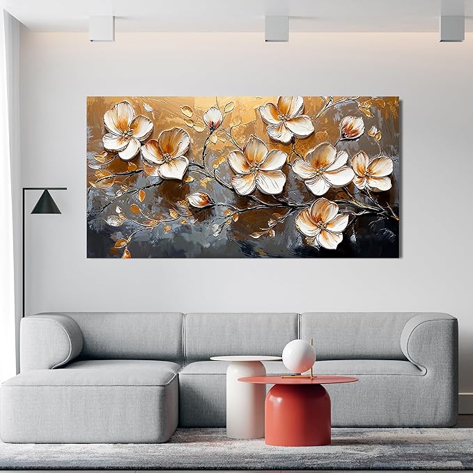 Canvas Wall Art Decor Large Wall Art Pictures for Living Room Canvas Art Wall Decor Large Artwork for Walls Vintage Floral Wall Art Decor White Gold Wall Art Prints for Home Office Wall Decor 29"X58"