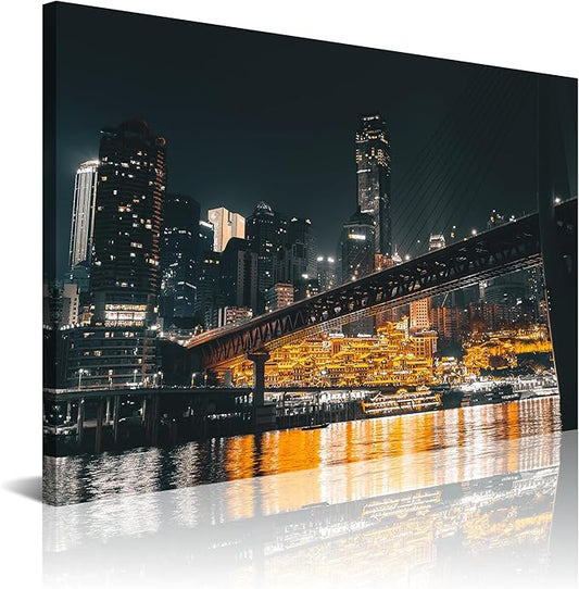 NAN Wind 1PCS Chongqing City Nightscape Canvas Wall Art Illuminated Chinese Skyline with Bridge Skyscrapers Modern Urban Landscape Photography Print for Living Room Office Bedroom Decor