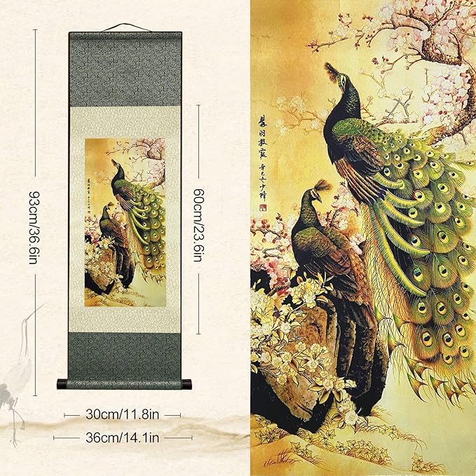 AtfArt 4 Pack Asian Wall Decor - Beautiful Silk Scroll Painting Birds - Phoenix Oriental Decor Chinese Art Wall Scroll Wall Hanging Painting (36.2 x 12 in)
