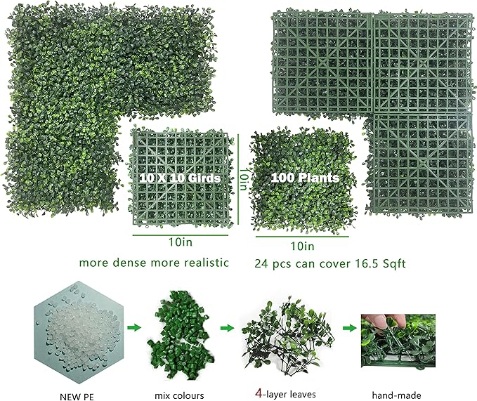 Bybeton Artificial Grass Wall Panels,10"x 10" (24pc) UV-Anti Boxwood Panels Greenery Wall Backdrop for Indoor Outdoor Privacy Protected and Garden, Balcony,Privacy Fence Screen Décor
