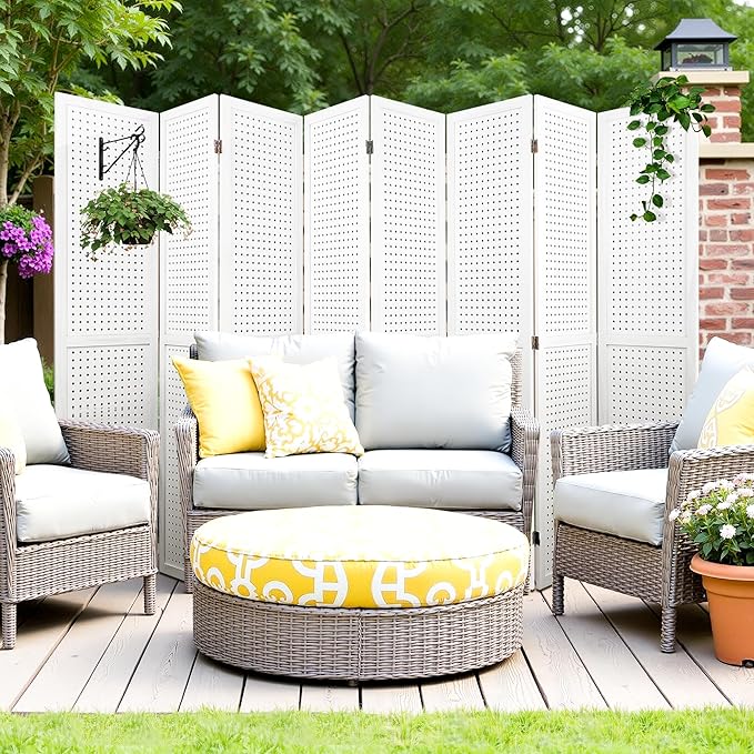 2 PCS Room Dividers 8 Panel Pegboard Display 5.6FT Wood PegBoard Room Divider, Folding Privacy Screens Portable Freestanding Partition Wall Divider for Art Shows & Room Separation, White