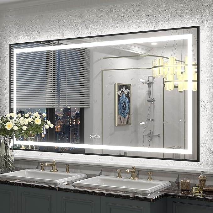 55x30 Black Framed LED Bathroom Mirror, Dimmable Vanity Mirror with Lights for Wall, Anti-Fog, Memory, Shatterproof, Backlit and Front Lights, ETL Listed