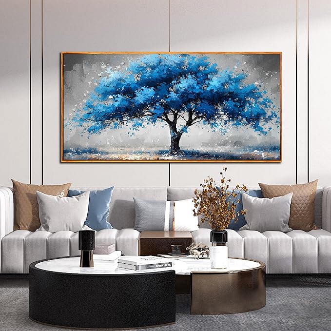 Ouzzlie Tree Wall Decor Light Blue Wall Art for Living Room Gray Painting Large Artwork 29" x 59"