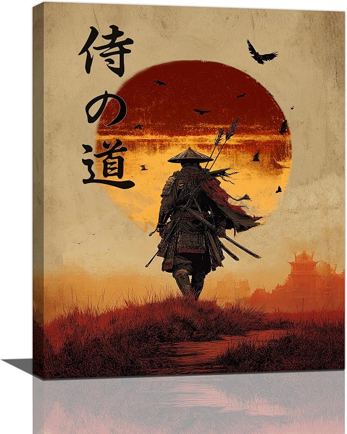Japanese Samurai Wall Art Oriental Asian Bushido Wall Decor Warrior Figure Canvas Pictures Paintings Prints Japan Traditional Aesthetic Artwork Framed Decorations For Bedroom Living Room Office Gifts 16" x 20"
