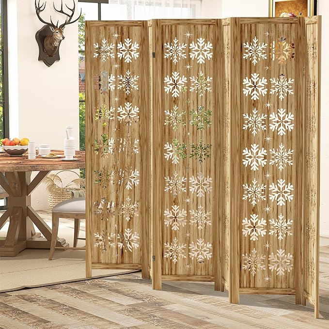 Casaphoria 6 Panels Room Divider, Folding Screen Room Divider with Snowflake Pattern for Home Office, Restaurant and Bedroom, Paulownia Wood, 95" W x 67" H (Natural)