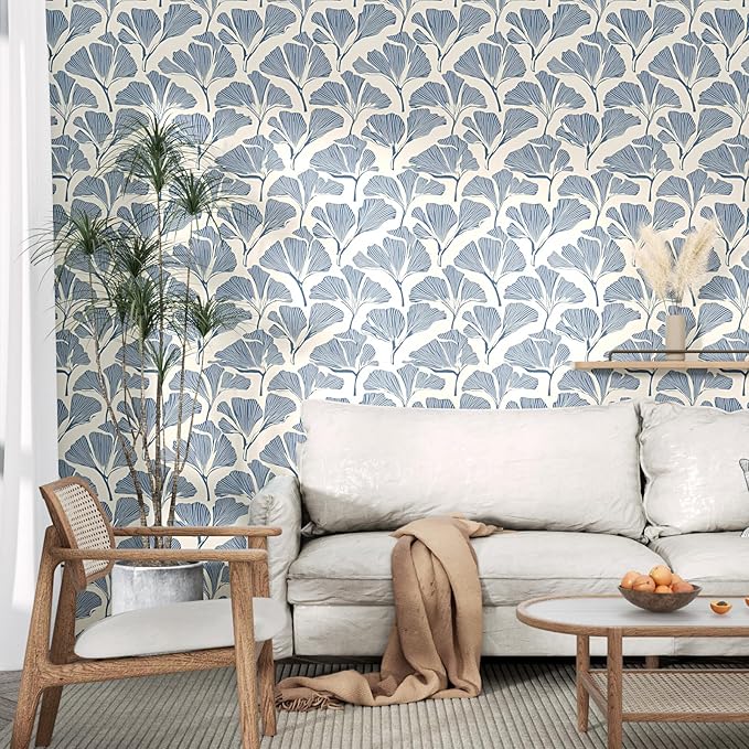 Blue Leaf Wallpaper Boho Peel and Stick Wallpaper Blue Leaf Vintage Contact Paper Beige Floral Wall Paper Removable Wallpaper Self Adhesive for Cabinet Drawers Wall Decor 17.5''x393''