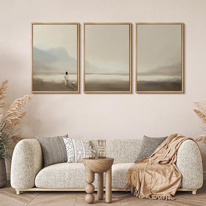 MUDECOR Framed Wall Art Print Set Serene Coastal Landscape Minimalist Illustrations Modern Art Boho Decorative Colorful Chic for Living Room, Bedroom, Office - 24"x36"x3 Natural