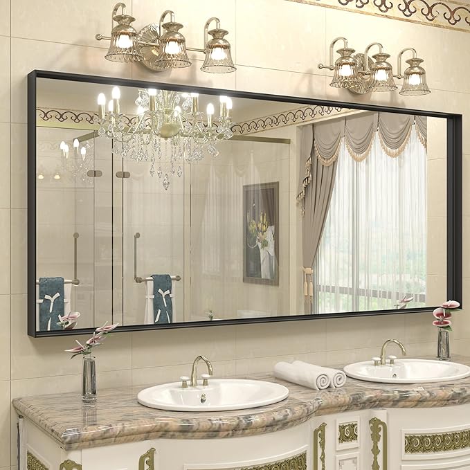 72x32 Inch Black Metal Framed Bathroom Mirror for Wall, Large Black Matte Rectangle Bathroom Vanity Mirror, Square Corner, Anti-Rust, Shatter-Proof, Hangs Horizontally or Vertically