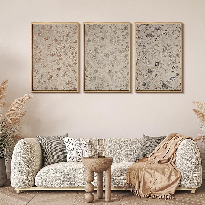 MUDECOR Framed Wall Art Print Set Vintage Floral Botanical in Neutral Tones Illustrations Realism Decorative for Living Room, Bedroom, Office - 16"x24"x3 Natural