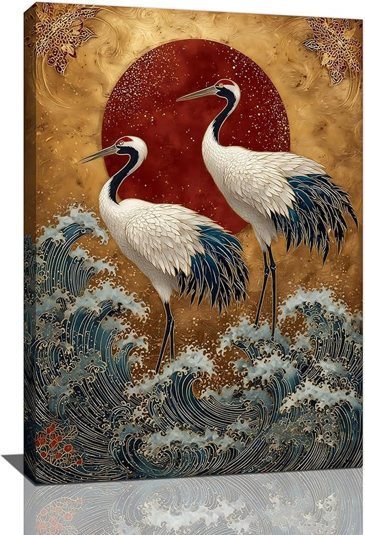 Japanese Crane Wall Art Gold Oriental Asian Wall Decor Sandhill Crane Canvas Pictures Paintings Prints Japan Traditional Aesthetic Artwork Framed Chinese Decorations For Bedroom Living Room Office Gifts 16" x 24"