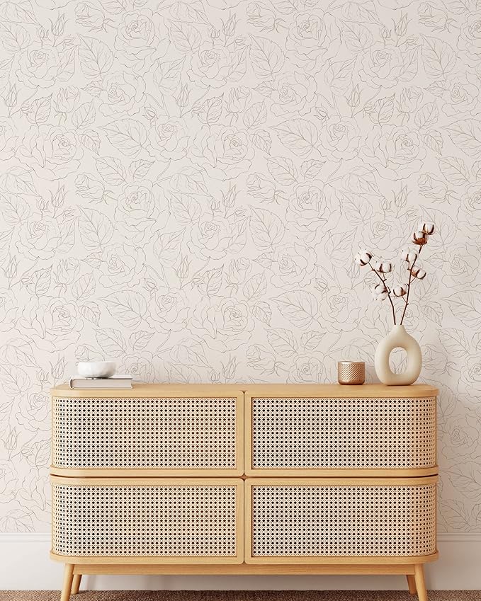 Boho Roses Wallpaper | Removable Self Adhesive Minimalistic Wall Decor | Floral Peel and Stick Wallpaper (1 roll 24" W x 48" H)