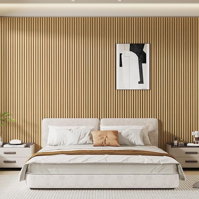 8-Pack WPC Slat Wall Panels - 3D Wall Panels, Water-Proof and Easy Installation, Accent Slat Wall Paneling for Living Room, Office, Teak, 96 x 6.6 Inch