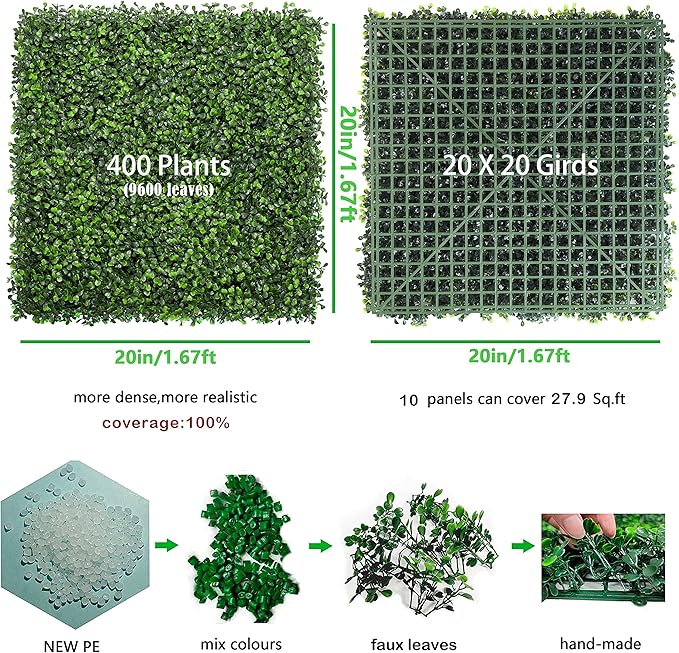 Bybeton Artificial Boxwood Grass Wall Panels,20"x 20"(10Pcs) UV-Anti Grass Backdrop& Greenery Wall Panels for Indoor Outdoor Privacy Protected and Garden, Balcony,Privacy Fence Screen Décor