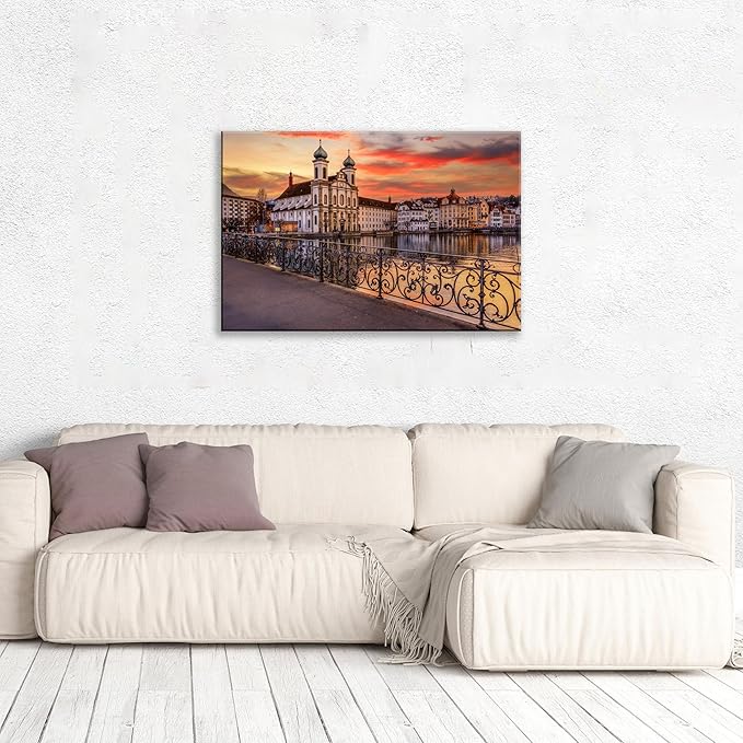Mordern 1Pcs European Cityscape Canvas Wall Art Scenic Sunset Over River Cathedral with Domes Ready to Hang Architecture Romantic Travel Destination Decorative Framed Artwork for Living Rooms Bedrooms
