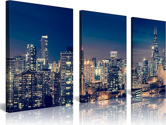 NAN Wind Modern Canvas Painting Chicago Skyline at Night Wall Art Cityscape Picture Print on Canvas Blue City Cool Building Giclee Artwork for Home Office Living Room Bedroom Decoration Framed