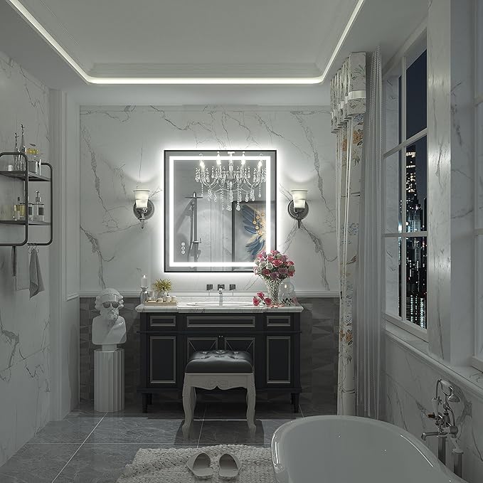 28x32 LED Bathroom Mirror with Lights, Dimmable Framed Bathroom Vanity Mirror, Backlit and Front Lighted, Anti-Fog, Shatter-Proof, Memory, ETL Listed (Horizontal/Vertical)