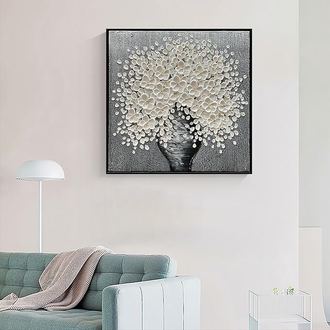 24x24 Inch 100% Hand-Painted White Flowers 3D Abstract Decorative Oil Painting, Hall Wall Decorative Frame Wall Art Ready to Hang