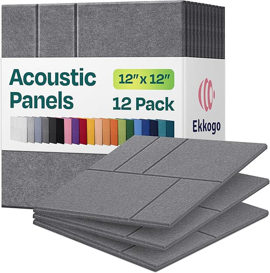 Acoustic Panels 12-Pack Soundproof Wall Panels 12"x12"x0.4" Decorative Sound Dampening for Your Home, Office, Studio, Bedroom & More with Unique GridFrame Carving [Pebble Gray]