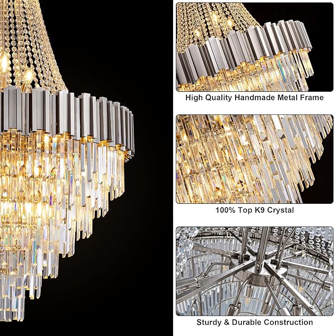 54" Long Crystal Chandelier for High Ceilings, 21-Light Modern Silver Large Chandeliers for Staircase Foyer Entryway Living Room Hallway, Luxury Top K9 Crystal Tiered Ceiling Light Fixture